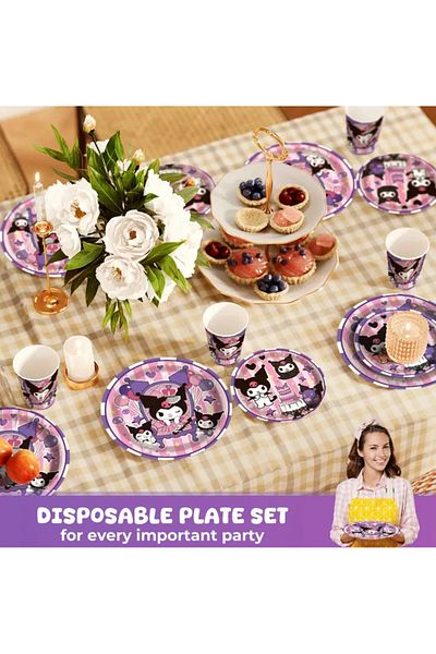 So Iconic 20-Person 80-Piece Kuromi Character Birthday Party Set / Plate, Glass & Napkin Set