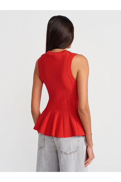 Dilvin 10740 Crew Neck Flounce Knitwear Blouse-Red