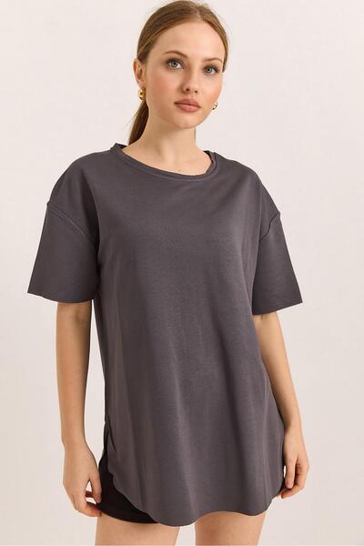 Raneel Kazançlı Alışveriş Soft Textured Skirt Oval Modal Tshirt Smoked