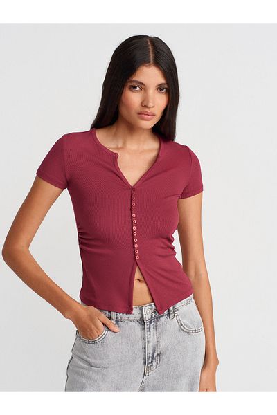 Dilvin 31838 Button Short Sleeve Top-Light Burgundy