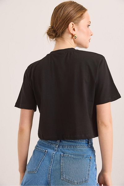 Raneel Kazançlı Alışveriş Tricou Crop din bumbac tricotat brodat negru