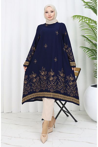 sefamerve Viscose Fabric Floral Patterned Tunic 1004-03 Navy Blue