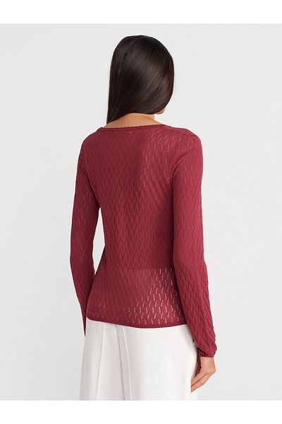 Dilvin 60969 V-Neck Openwork Button Slim Knitwear Cardigan-Burgundy