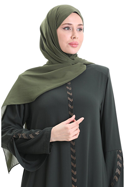 sefamerve Large Size Striped Ferace 2038-04 Khaki