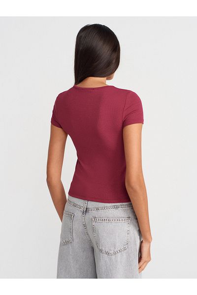 Dilvin 31838 Button Short Sleeve Top-Light Burgundy