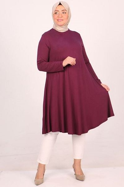 Eslina 28016 Large Size Mevlana Combed Cotton Tunic - Plum