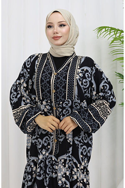 sefamerve Φόρεμα με μοτίβο από ύφασμα βισκόζης 0052-03 Μαύρο