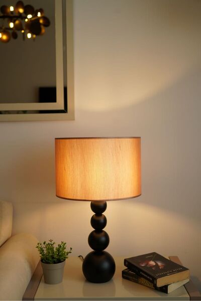 retro home design Siyah Ayaklı Silindir Bal Renk Kumaşlı Masa Lambası Abajur ...