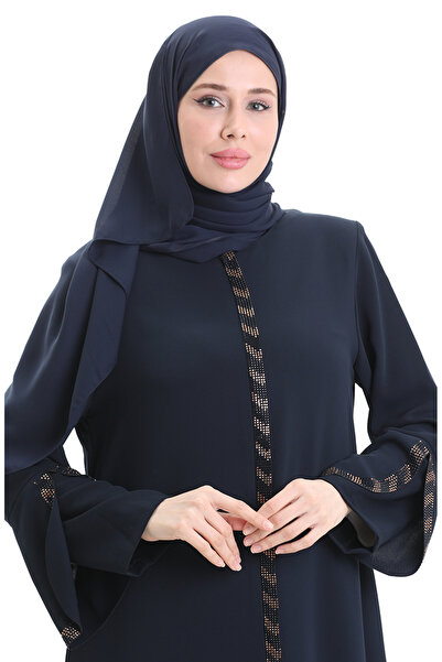 sefamerve Large Size Striped Ferace 2038-02 Navy Blue