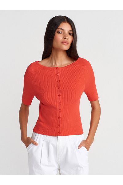 Dilvin 60970 Light Crew Neck Ribbed Buttoned Slim Knitwear Cardigan-A.Red