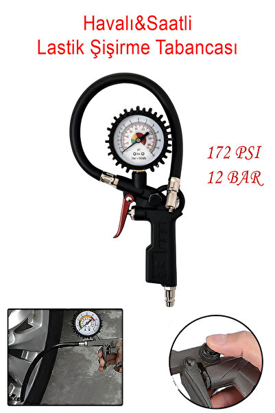 NZB Lastik Şişirme Tabancası Havalı Basınç Göstergeli Saatli Jak Hortum ve Si...