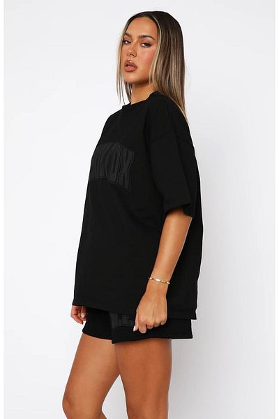 The Champ Clothing Women's Wf Printed Relaxed Cut 100% Cotton Short T-Shirt Suit Black