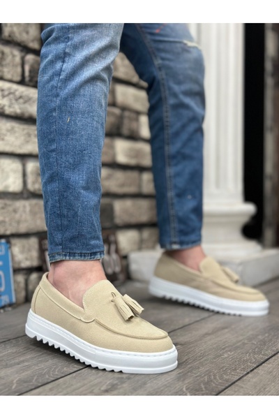 TUGERDİ Tugerdi Linen Cream Tasseled Lightweight High Sole Style Casual Men's...