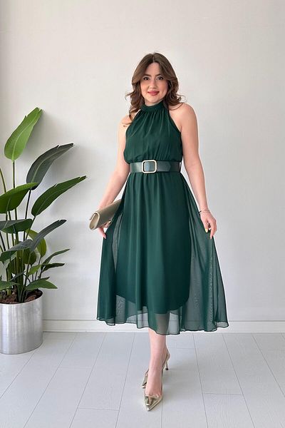 MaziButik Straight Halter Chiffon Dress Emerald