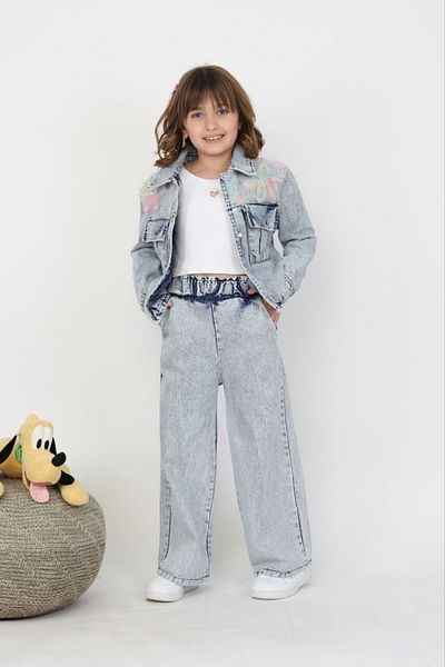 Minigimin Cicileri Set de 2 piese pentru fetiță, cu jachetă din denim, cu tul de crin, pentru fetița mea - albastru deschis