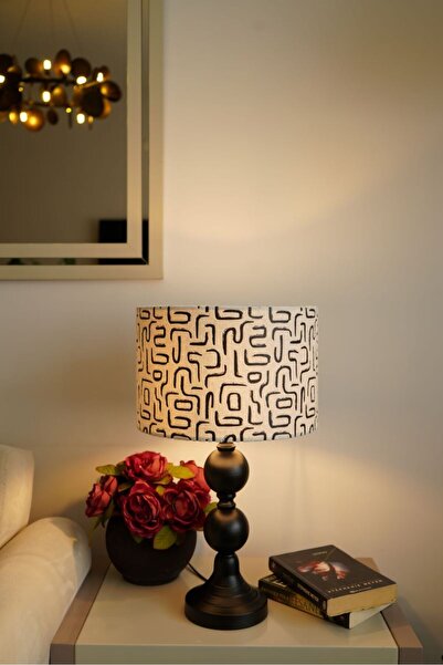 retro home design Siyah Dejavu Silindir Beyaz Kadife Kumaşlı Labirent Desenli Masa Lambası Abajur Salon Yatak Odası