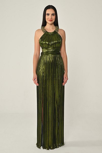 ALFABETA Women's Neck Part Stone Details Long Shiny Fabric Deep Slit from Two Front Sides Green Evening Dress & Mezuniy