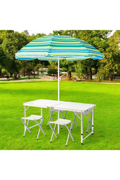 Funky Chairs Şemsiyeli Tabureli Katlanabilir Piknik Masası Seti - Gri