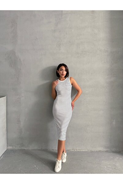 BEJNA Γυναικείο λευκό ριγέ αμάνικο ελαστικό φόρεμα