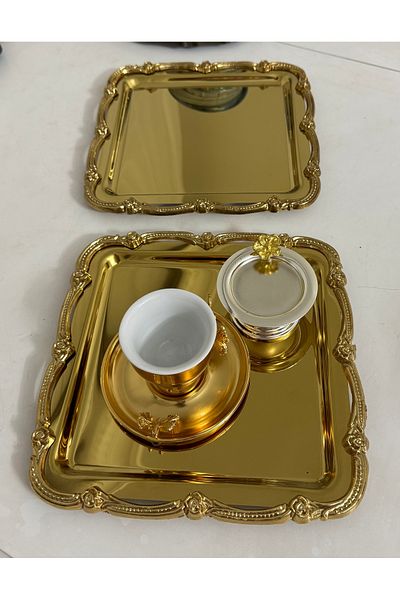SEVA ÇELİK 2 Pcs Serving and Presentation Tray with Stainless Steel Gold Color Gold Frame