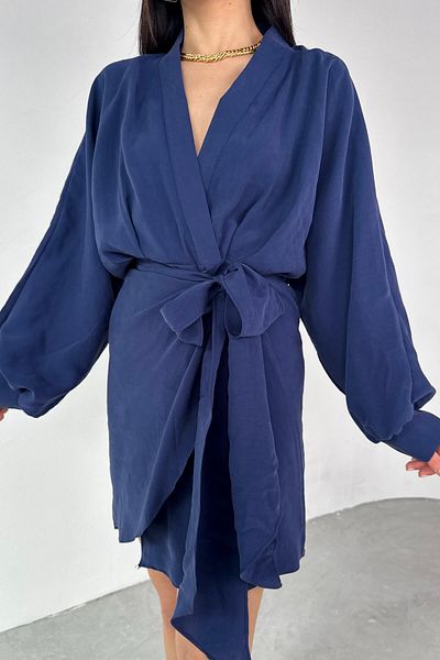 Cappmoda ELB-01777 Μπλε ναυτικό φόρεμα με διπλό στήθος με γιακά μπροστά