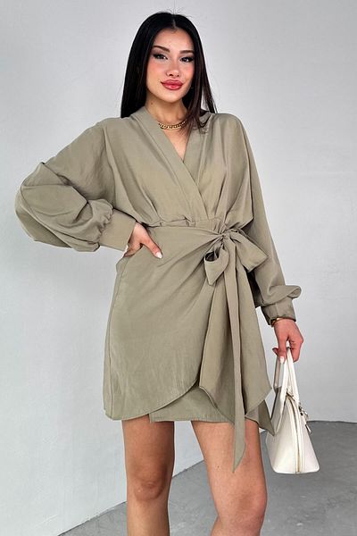 Cappmoda ELB-01777 Χακί φόρεμα με διπλό γιακά με γραβάτα μπροστά