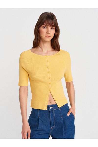 Dilvin 60970 Light Crew Neck Ribbed Buttoned Thin Knitwear Cardigan-Dark Yellow