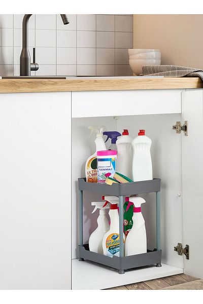 Bayev Class Grey 2-Tier Under Sink Organizer Απορρυπαντικό με ρόδες Μονάδα ραφιών οργάνωσης μπάνιου