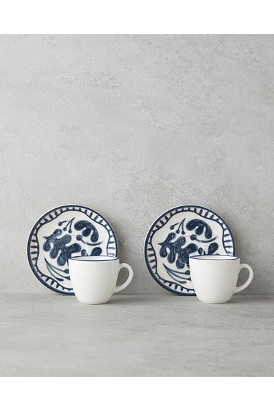 English Home Bonnie Bone Porcelain 4 Piece Coffee Cup Set for 2 People 90 ml Dark Blue
