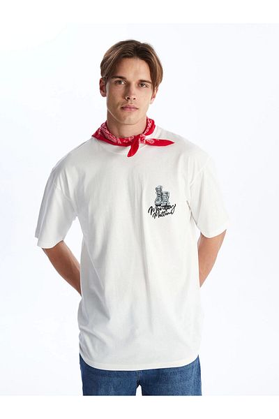 LC Waikiki Ανδρικό μπλουζάκι XSIDE Ecru Crew με κοντό μανίκι με στάμπα από βαμβακερό βαμβάκι