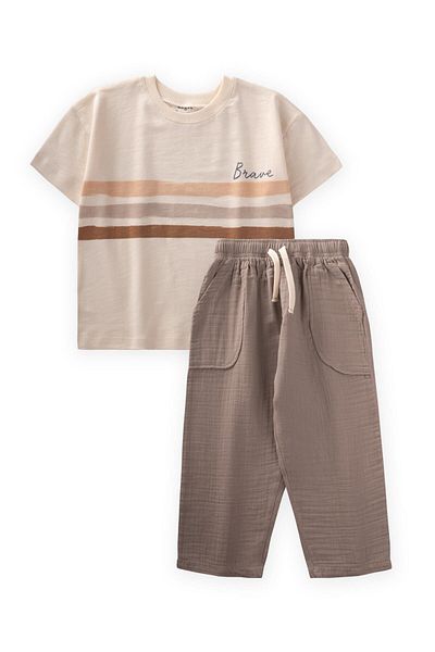 Cigit Brave Striped T-Shirt Suit 2-10 Years Ecru Mink