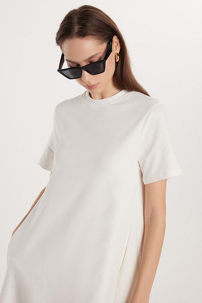 Tudors Women's Regular Fit Short Sleeve Side Pocket Crew Neck Long Ecru Dress