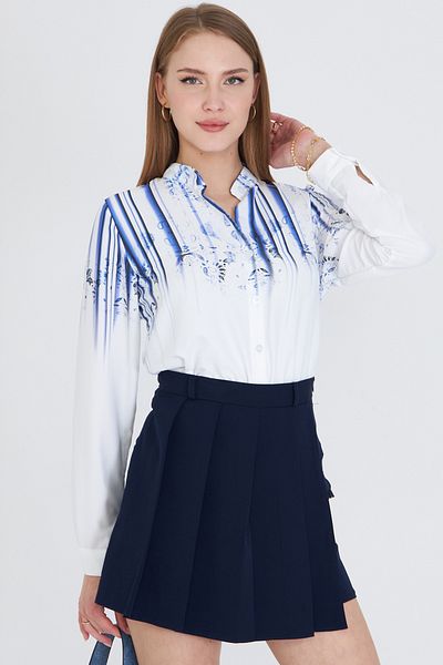 armonika قميص نسائي منقوش بياقة القاضي باللون الأزرق الداكن ARM-25Y 001013