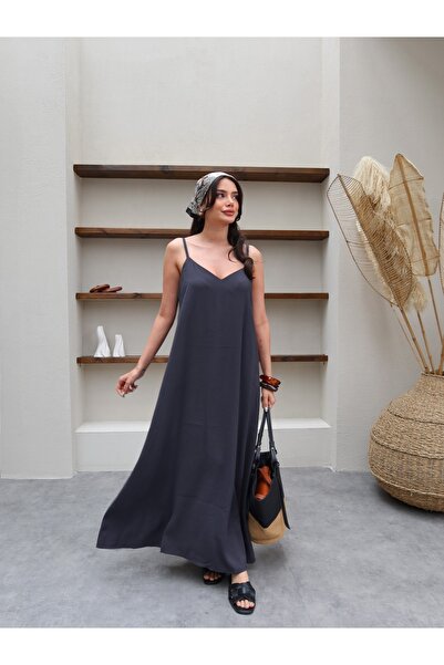 ESRAHELVACI Antrasit Askılı Rahat Elbise