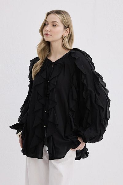 KADRİYE BAŞTÜRK Cămașă Rosa Voile cu Volane Negru