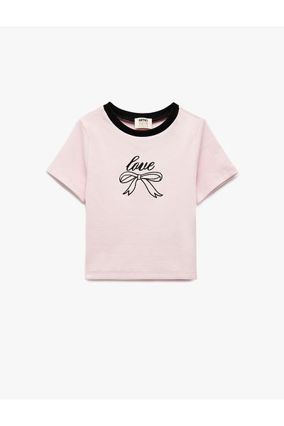 Koton Ribbon Embroidery Detail Crew Neck Short Sleeve Cotton T-Shirt