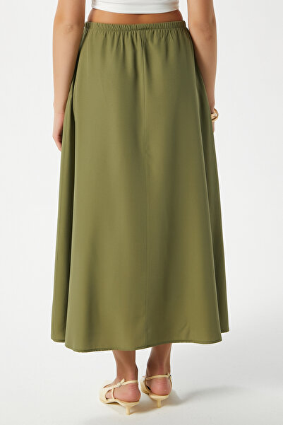 Ritnice Women's Seaside Khaki Lined Elastic Waist Woven Long Skirt with Pockets