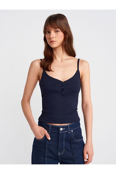 Dilvin 21008 Buttoned Strap Top-Navy Blue
