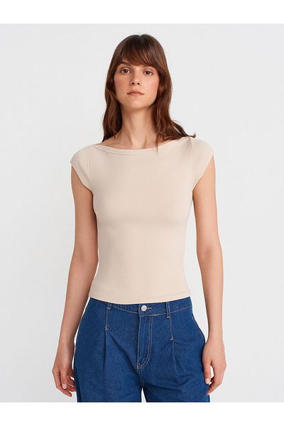 Dilvin 31809 Boat Neck Ribbed T-Shirt-Beige