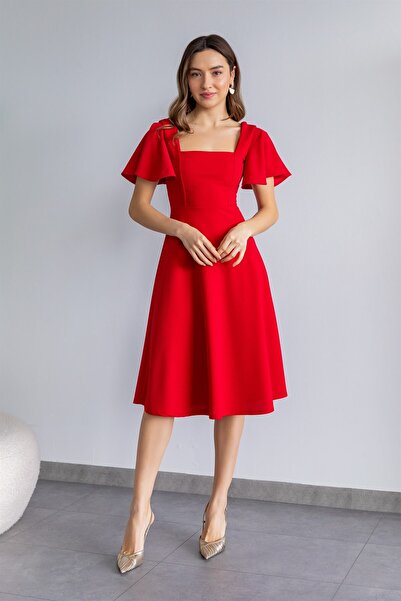 bayansepeti Women's Stretchy Crepe Fabric Square Collar Sleeves Flounced Design Red Midi Length Dress 082