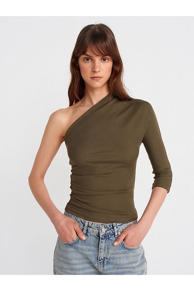 Dilvin 31842 Pleat Detailed Asymmetrical Ball-Khaki