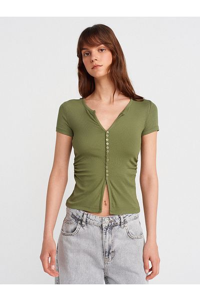 Dilvin 31838 Button Short Sleeve Top-Light Khaki