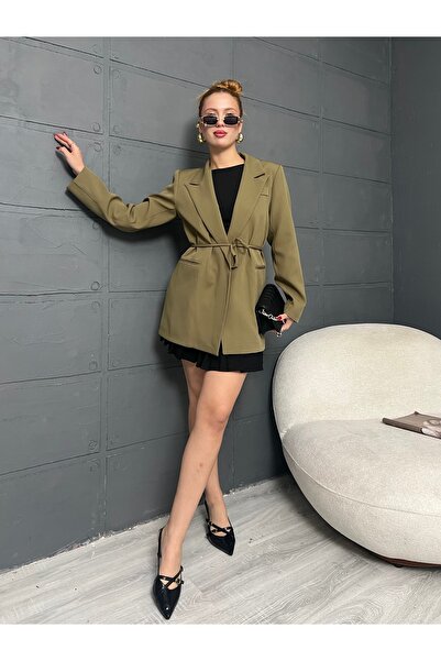 Leo Ferre سترة نسائية سوداء كبيرة الحجم برباط على الخصر