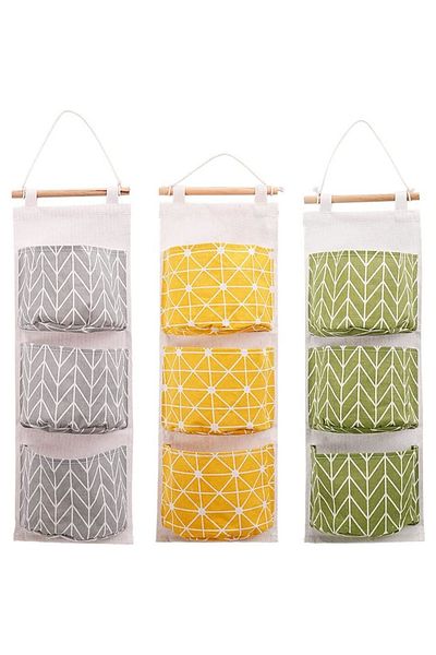 CRACOS Bathroom hanging organizer set, 3 textile shelves, gray, yellow, green, 3 pieces