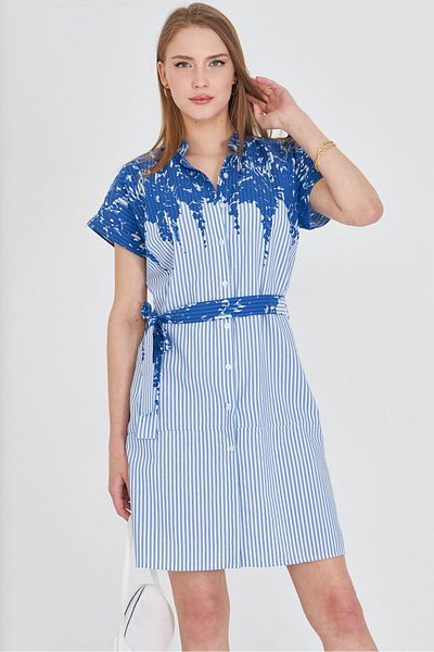 armonika Rochie cămașă cu mânecă scurtă cu guler albastru pentru femei ARM-25Y 001054