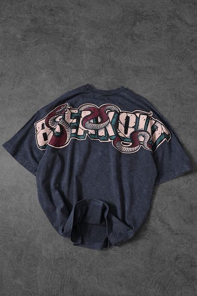 Slatra Tricou supradimensionat din țesătură spălată personalizat cu imprimeu de șarpe albastru pentru bărbați