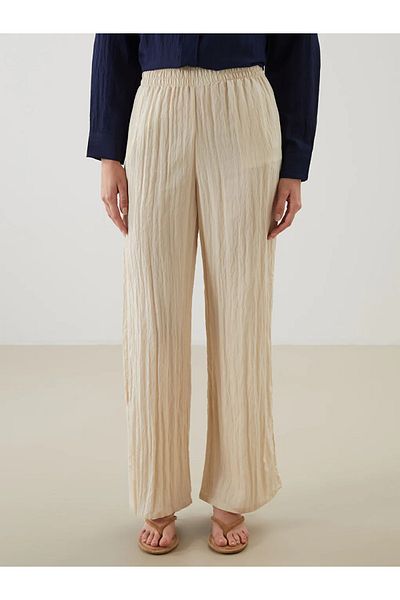LC Waikiki Lcw Modest Beige Elastic Waist Textured Women's Trousers