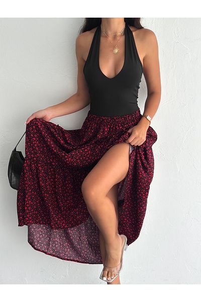 MaxiMor Women's Large Size Red Color Elastic Waist Ruffled Woven Fabric Long Skirt Length 100 cm
