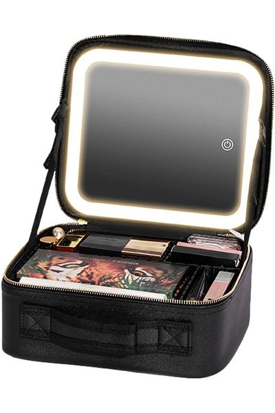 TECOS Geanta Textila De Voiaj Pentru Cosmetice, Dimensiuni 26x23x11 Cm, Oglinda Pentru Make-up Iluminata