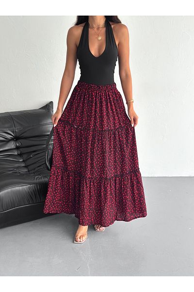 YUSUF CAN KARATAŞ KARATAŞ GİYİM Women's Large Size Red Color Elastic Waist Ruffled Woven Fabric Long Skirt Length 100 cm